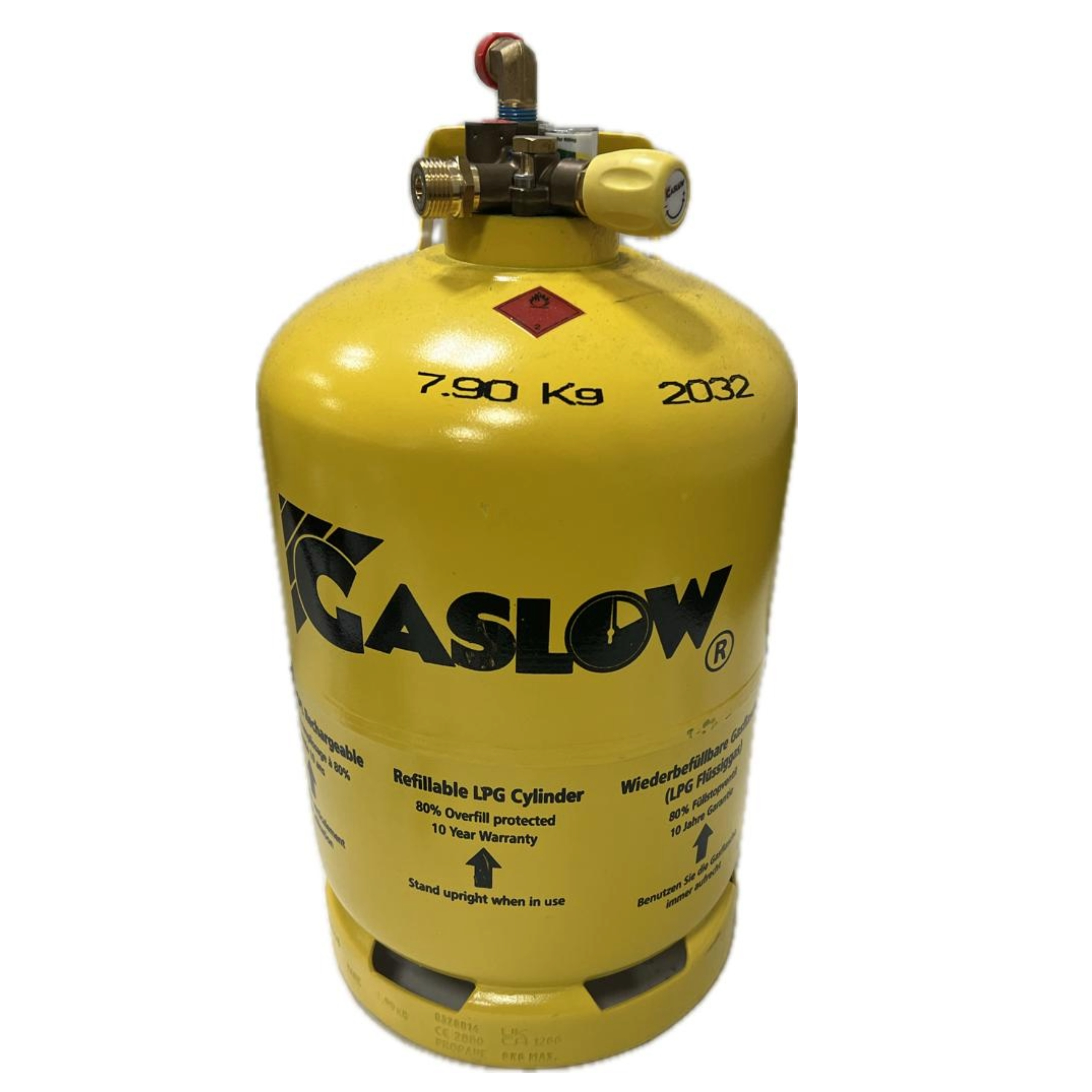 Gasflasche Gaslow 6 kg gelb 2020 wiederbefüllbar (460x246mm)+Adapter